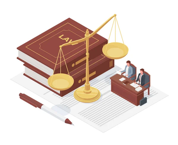 Concepto de derecho isométrico, escala de equilibrio, libro de justicia y caso. Abogado defensor de la ilustración vectorial cliente. Justicia y símbolos de la ley — Archivo Imágenes Vectoriales