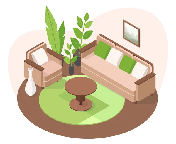 Isome marka rahat bir daire, modern oturma odası 3D mobilyalar. Oturma odasında kanepe, koltuk ve saksıda çiçek vektör çizimi var. Modern apartman tasarımı — Stok Vektör
