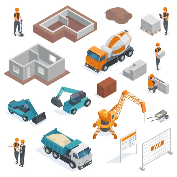 Isometric architecture building construction, architect and builders workflow. Construction work equipment vector illustration set. Building construction workers — Stock Vector