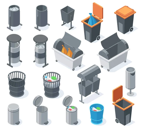 Izometrické popelnice, popelnice, odpadkové koše. Městský odpad třídění a recyklace kontejnerů vektorové ilustrační set. Odpadkové kontejnery — Stockový vektor