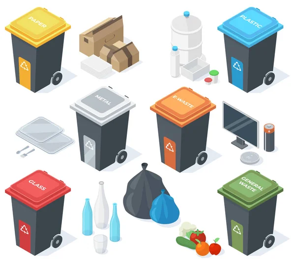 Isometrische vuilnisbakken met meerdere kleuren, prullenbakken. Plastic, glas, organische of papieren vuilnisbakken, 3D prullenbak vector illustratie. Manden voor afvalrecycling — Stockvector
