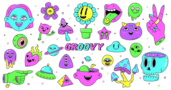 Cartoon neon psychedelic stickers, abstraktní hipster retro emojis. Hippy nálepky s houbami, sochory a květinovými vektory ilustrační set. Divné bláznivé barevné prvky — Stockový vektor