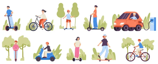 Mensen rijden op scooter, fiets, skateboard, motor en elektrische auto. Mens op hoverboard en gyro scooter vector illustratie set. Karakters die ecologische voertuigen besturen — Stockvector