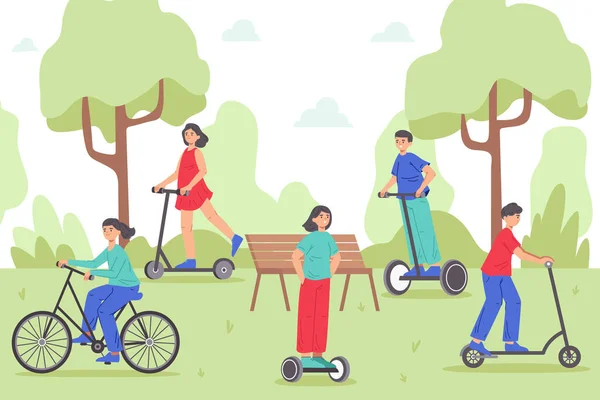 Mobil ekotransport, människor ridning elektrisk cykel eller cykel i parken. Man och kvinna rör sig med miljövänliga fordon vektor illustration. Friska idrottsaktiviteter — Stock vektor