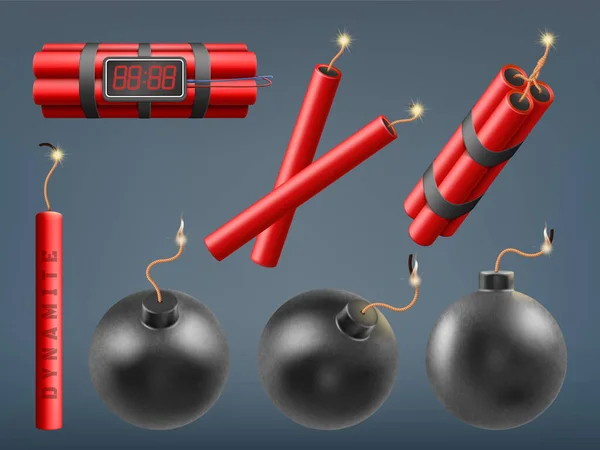 Bombas realistas, palos de dinamita y petardos explosivos. Bombas de dinamita, conjunto de ilustración de vectores de armas militares explosivas. Detonar palos de dinamita — Archivo Imágenes Vectoriales