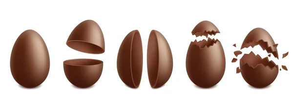 Ovos de Páscoa de chocolate realistas, surpresa de férias de primavera. Ovo de casca de ovo quebrado, conjunto de símbolos vetoriais de doces de choco de férias. Ovos de páscoa rachados —  Vetores de Stock