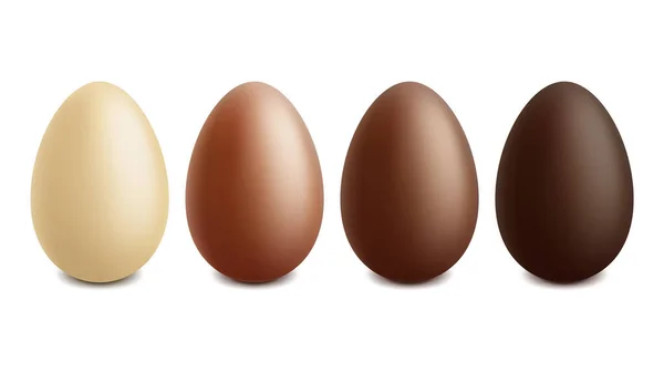 現実的なイースターチョコレートの卵、白、ミルクとダークチョコレートの卵。イースターエッグ異なるチョコレートカラーベクトルイラストセット。イースターの休日甘いチョコのお菓子 — ストックベクタ