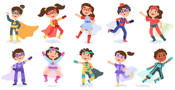 Supereroe bambino, personaggi dei cartoni animati super bambino. Baby supereroi in costumi colorati set illustrazione vettoriale. Supereroi multirazziali di ragazzi e ragazze — Vettoriale Stock
