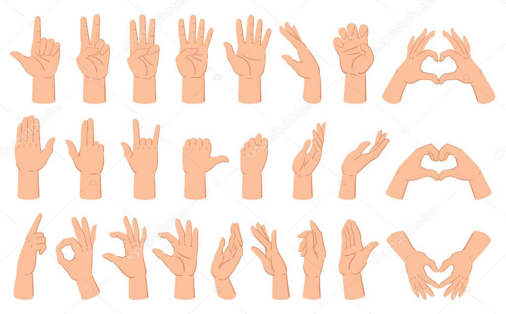 Cartoon hands gesture, hand poses, thumb up and counting gestures. Human hand gestures, count and crossed fingers vector illustration set. Hand gesture communication