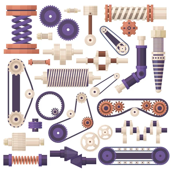 Peças de engrenagem da máquina, máquinas, equipamentos da indústria de motores. Peças de máquinas industriais, tubos e parafusos conjunto de ilustração vetorial. Elementos transportadores mecânicos de fábrica —  Vetores de Stock