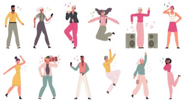 İnsanlar müzikten, kulaklıkla şarkı dinlemekten hoşlanır. Kulaklık vektör illüstrasyon setindeki insan sesi. Çizgi film karakterleri müzikten hoşlanıyor