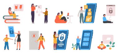 Çocuklar dijital içerik, ebeveynler sosyal medya kontrolü. Çocuk vektör illüstrasyon seti için güvenli internet hizmeti. Ebeveyn tavsiyesi içeriği