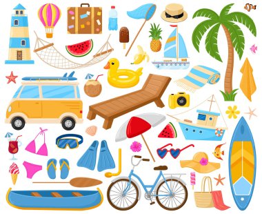 Çizgi film sahili, yaz sembolleri, kokteyl, hindistan cevizi, şemsiye ve terlik. Egzotik meyveler, tekne ve deniz feneri çizimi seti. Şnorkelle yüzme ve dalış elementleri