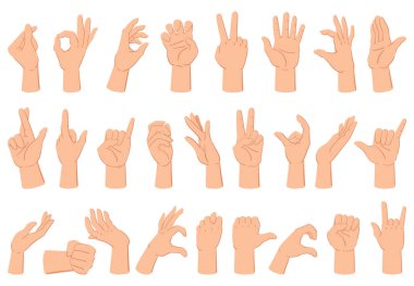 Çizgi filmlerdeki insan eli hareketleri, parmakları saymak ve başparmağını kaldırmak. El hareketleri, insan kolu avuç içi hareket vektör çizimi. İnsan el hareketleri.