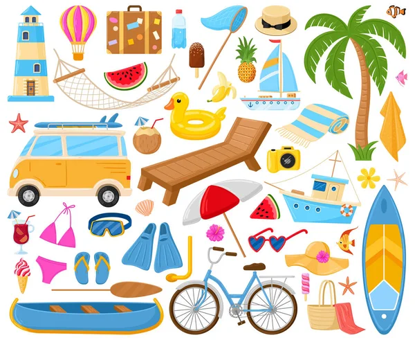 Praia dos desenhos animados, símbolos de verão, coquetel, coco, guarda-chuva e chinelos. Frutas exóticas, conjunto de ilustração vetorial de barco e farol. Elementos de mergulho e snorkel —  Vetores de Stock