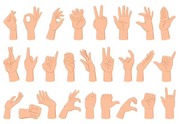 Çizgi filmlerdeki insan eli hareketleri, parmakları saymak ve başparmağını kaldırmak. El hareketleri, insan kolu avuç içi hareket vektör çizimi. İnsan el hareketleri. — Stok Vektör