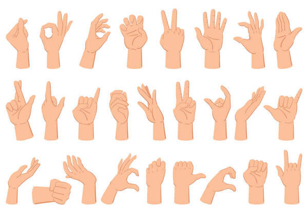 Cartoon human hand expression gestures, counting fingers and thumb up. Hand gestures, human arm palm gesture communication vector illustration set. Human hand gestures