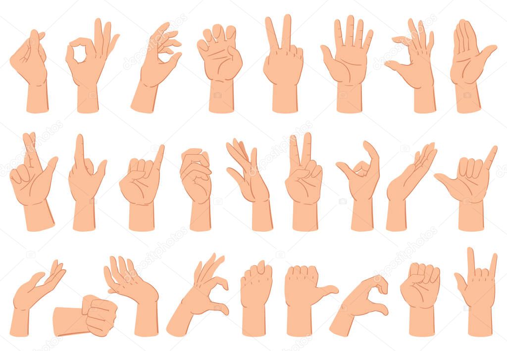 Cartoon human hand expression gestures, counting fingers and thumb up. Hand gestures, human arm palm gesture communication vector illustration set. Human hand gestures