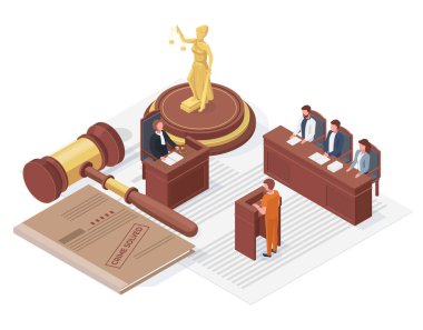 Hukuk adaletinin izometrik kavramı, onlar ve yargıç çekici. Yargıç ceza vektör illüstrasyonunu onayladı. Yargıç çekiç ve dava konsepti