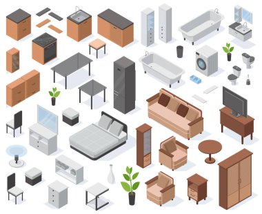 Isometric apartman 3D mobilyalar, ev dekorasyonu. Modern oturma odası, mutfak ve banyo elemanları vektör çizimi seti. Daire iç simgeleri