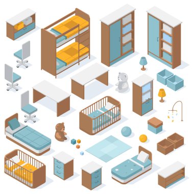 Isome 'lı çocuklar oda mobilyaları, 3 boyutlu mobilyalar. Bebek odası mobilyası ve oyuncak vektör çizimi seti. Modern apartman elemanları