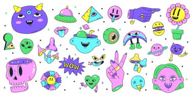 Psikedelik neon retro çıkartmalar, çılgın soyut hippi sembolleri. Retro soyut çıkartmalar ve halüsinasyon unsurları vektör illüstrasyon seti. Retro sürreal sanat rozetleri