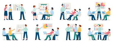 İş eğitimi kursları, takım çalışması sunumu, ofis çalışma süreci. Eğitim, iş koçluğu ve vektör çizimi seti. Takım çalışması, beyin fırtınası sahneleri