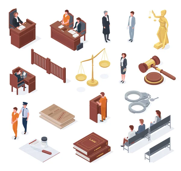 Tribunal isométrico, juiz, contencioso, advogado, tribunal e jurados. Passe judiciário e conjunto de ilustração vetorial sentença absolvição. Símbolos de justiça e júri — Vetor de Stock