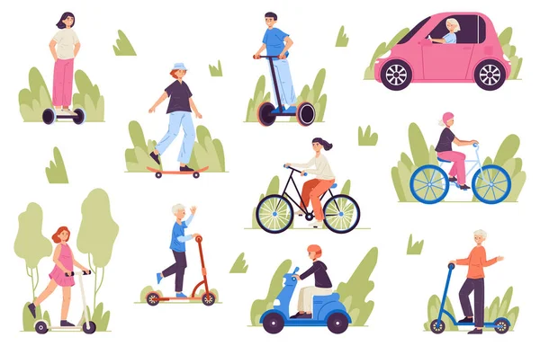 人们骑电动交通工具，自行车，摩托车，电动汽车。健康的生活方式和积极的娱乐人物形象图集.健康的户外运动 — 图库矢量图片