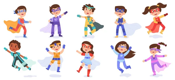 Kinderen helden, cartoon superheld kinderen sterke personages. Multiraciale kinderen superhelden dragen heldenmantel vector illustratie set. Leuke kleine superhelden. — Stockvector