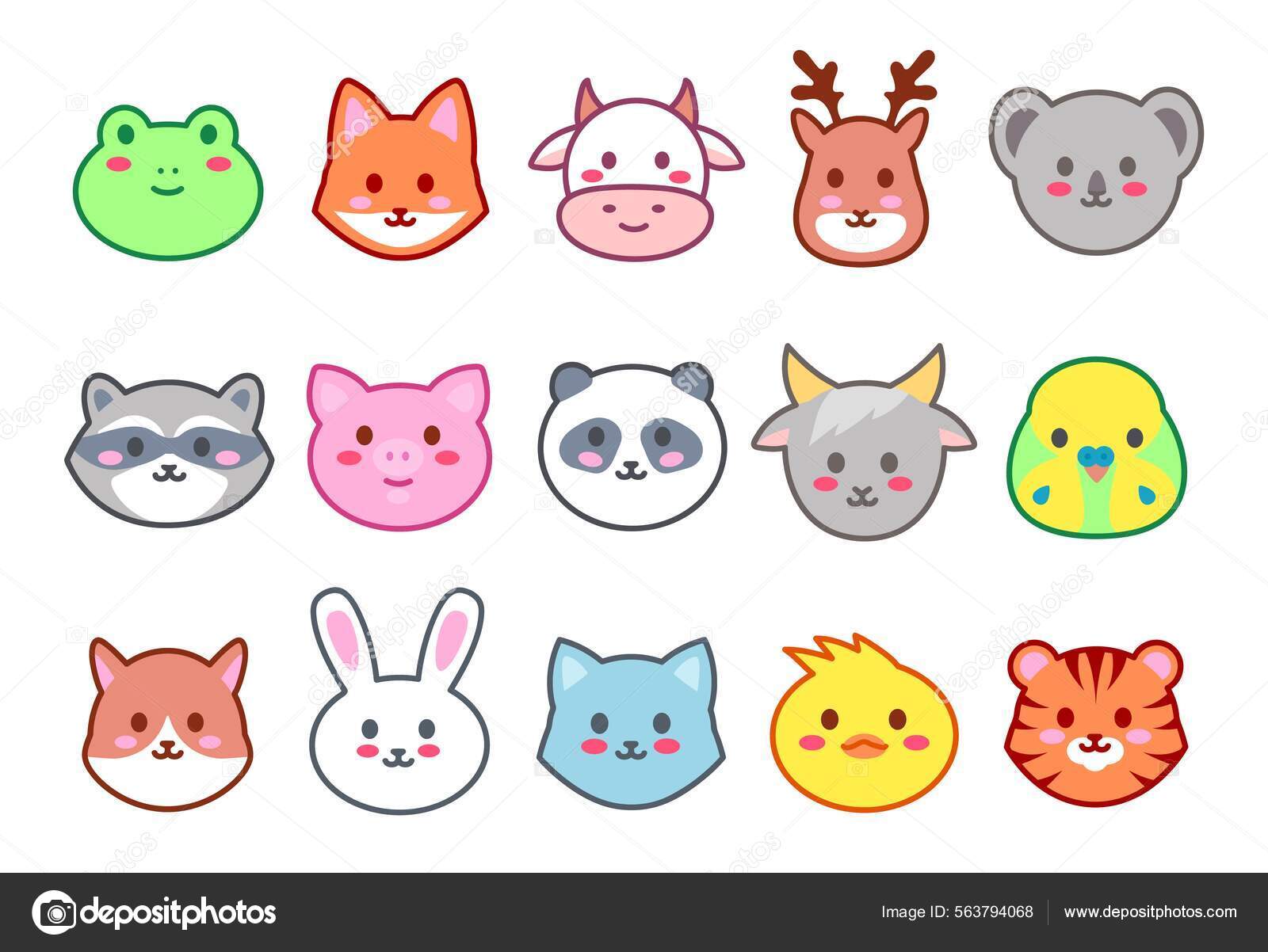 Pequenos animais sentados personagens do zoológico kawaii animal fofo com  sorriso feliz conjunto vetorial de personagens ilustração de desenho  animado animal gráfico isolado kawaii