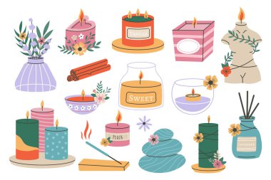 Mumlar, aromatik kokulu mumlar, ev aromaterapi elementleri. Vektör illüstrasyonu