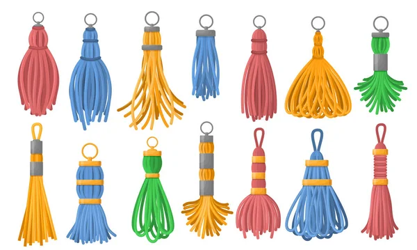 Tassel fringe. Fashion handbag thread brush, leather trinket and isolated tassels vector set — Stock Vector