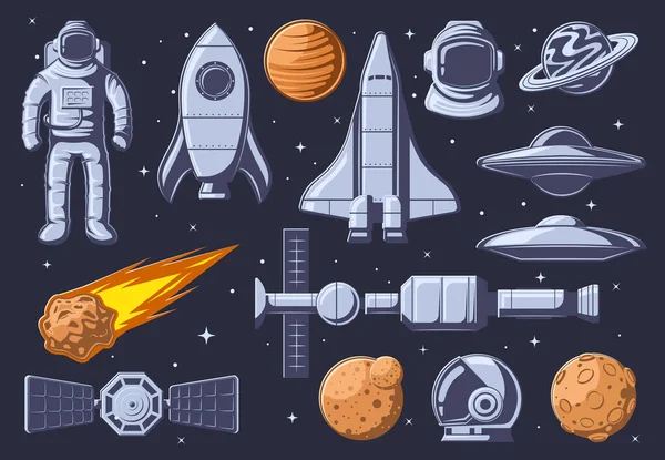 Espaço exterior vintage. Planeta dos desenhos animados, traje espacial astronauta e conjunto de ilustrações vetoriais de naves espaciais — Vetor de Stock