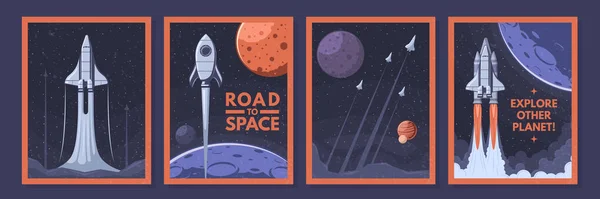 Плакаты космического шаттла и ракет. Ракетный запуск, изучение других планет и пути к космическому вектору — стоковый вектор