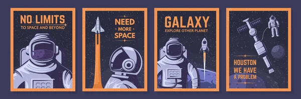 Плакаты астронавтов. Космонавтика, космические приключения и набор иллюстрирующих векторов открытого космоса — стоковый вектор