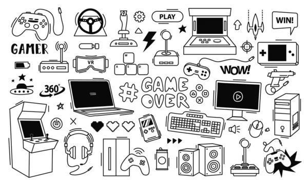 Videojuegos garabato. Controlador de juegos, consola de arcade retro y elementos de juego conjunto de ilustración de vectores de arte de línea — Vector de stock