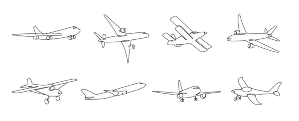 Bir sıra uçak. Seyahat havacılığı, özel uçak ve havayolları doğrusal çizim vektör çizimi seti — Stok Vektör
