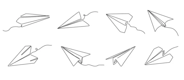 One line paper plane. Origami airplane, send message concept and flying paper airplanes vector illustration set — ストックベクタ