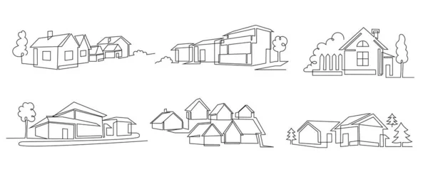 One line houses. Vacation home, suburban area and hand dwawn housing market branding vector illustration set — Stock Vector