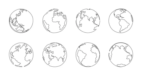 Un globe linéaire. Planète Terre, carte planétaire croquis et monde dessiné à la main globes ensemble d'illustration vectorielle — Image vectorielle