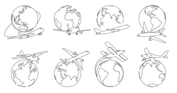 One line world airlines. Airplane around globe, worldwide plane travels and flights all over earth doodle vector illustration set — ストックベクタ