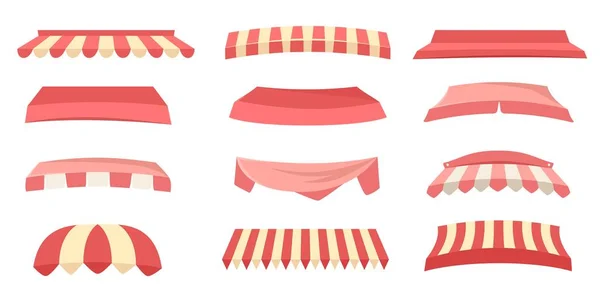Store awnings. Restaurant tent, shop canopy with red stripes and market roof vector set — ストックベクタ