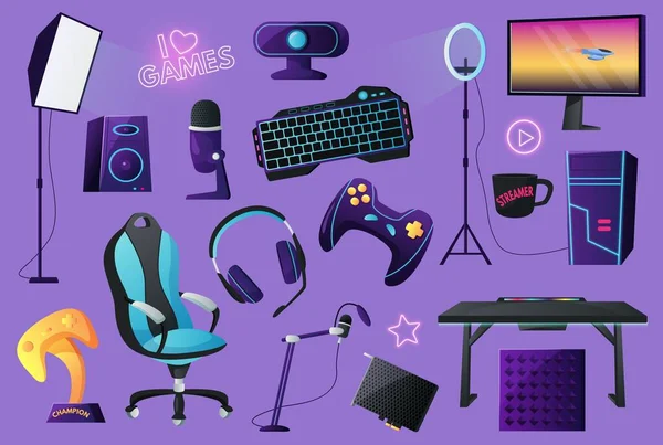 Streamer Raum Vermögenswerte. Spieltastatur, Stuhl und Kopfhörer. Gamer Elemente Cartoon Vektor Set — Stockvektor