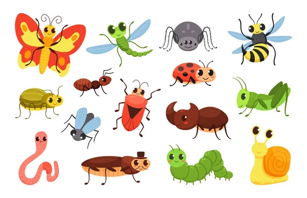 Cartoon insects. Happy bugs, cute little beetle and smiled caterpillar. Wildlife insect vector Illustration set