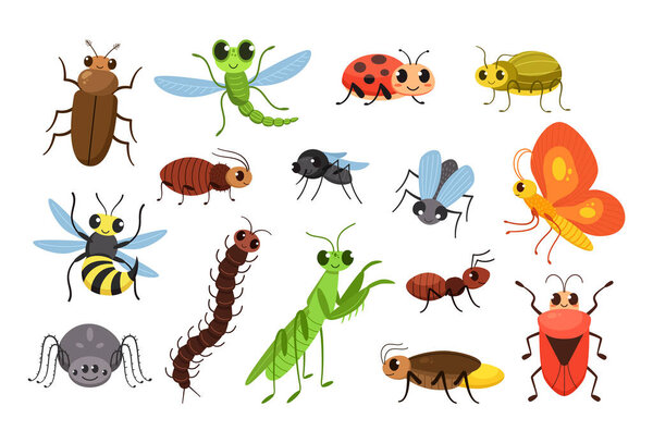 Cute cartoon insects. Happy bugs, smiling fly and little mantis vector Illustration set
