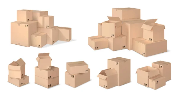 Realistic box stack. Stacked cardboard boxes, parcel pile and realistic 3d box vector set — Stock Vector