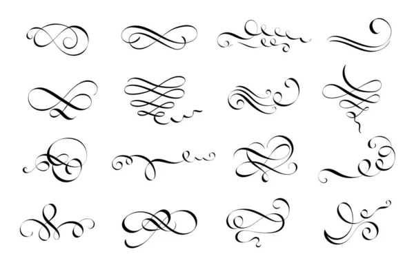 Calligraphy flourish. Letter swirl, pointed pen lettering ornaments and calligraphic lines vector set — Stock Vector