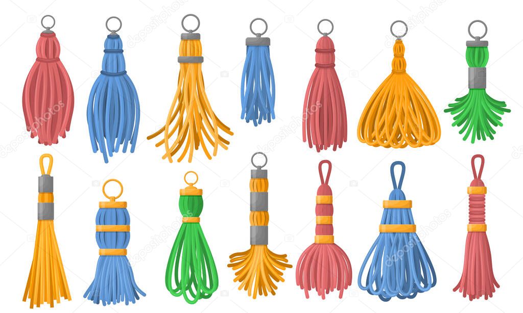 Tassel fringe. Fashion handbag thread brush, leather trinket and isolated tassels vector set