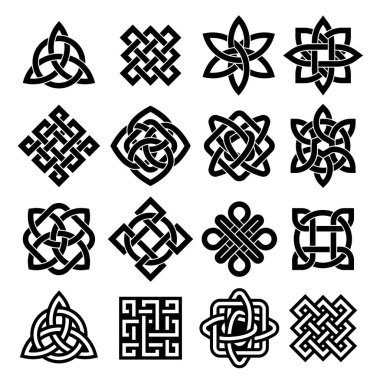 Celtic trinity. Irish knot, pagan tattoo icon and intertwined line loop. Interconnection silhouette vector symbol set